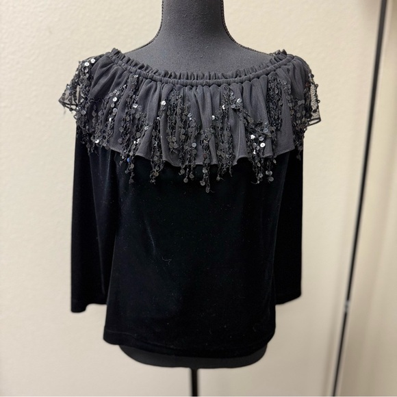 Cachet Tops - Cachet Velvet Elegant Black Off-Shoulder Top with Sequin Detail. Size Large